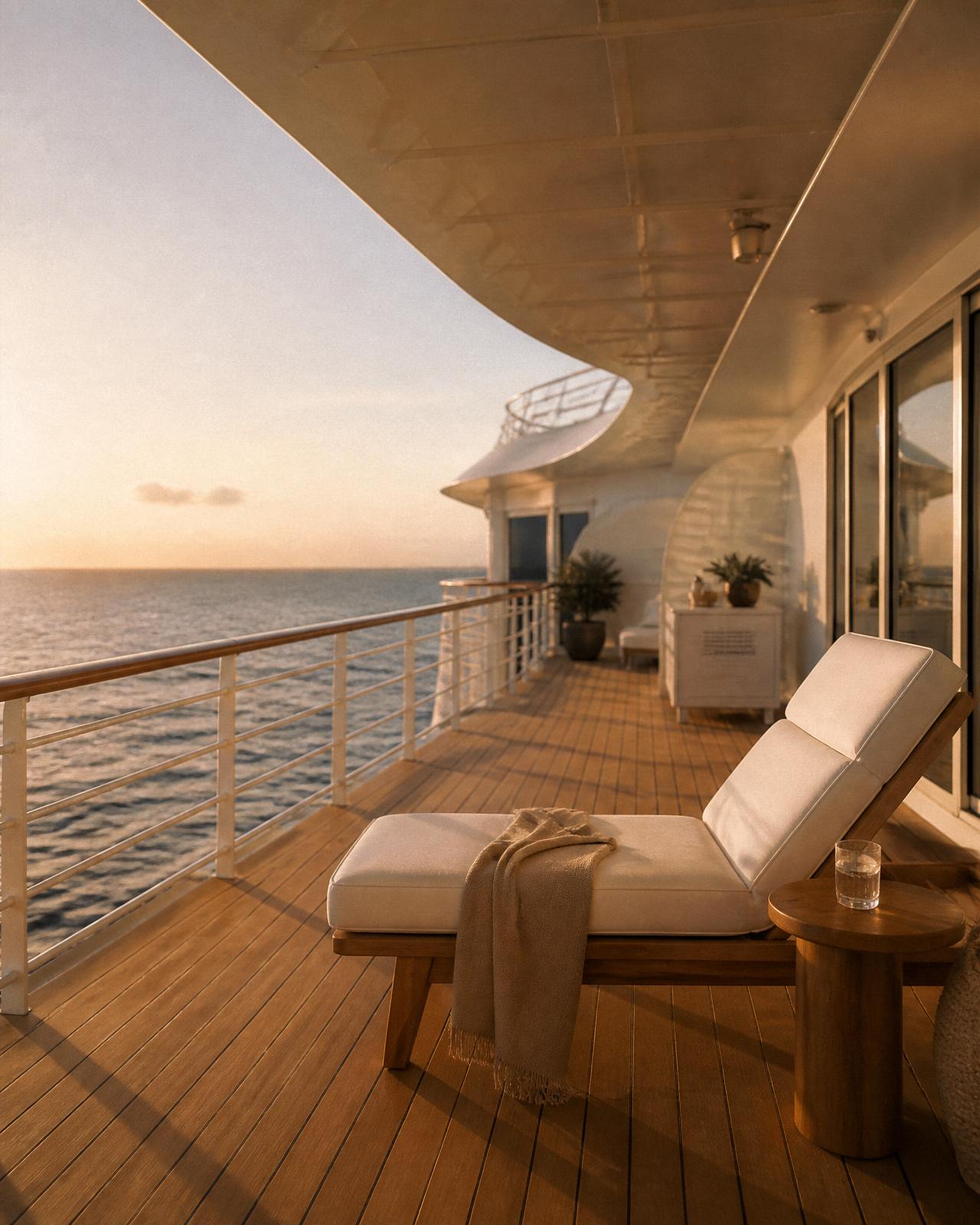 A cruise deck at golden hour, quiet water beyond